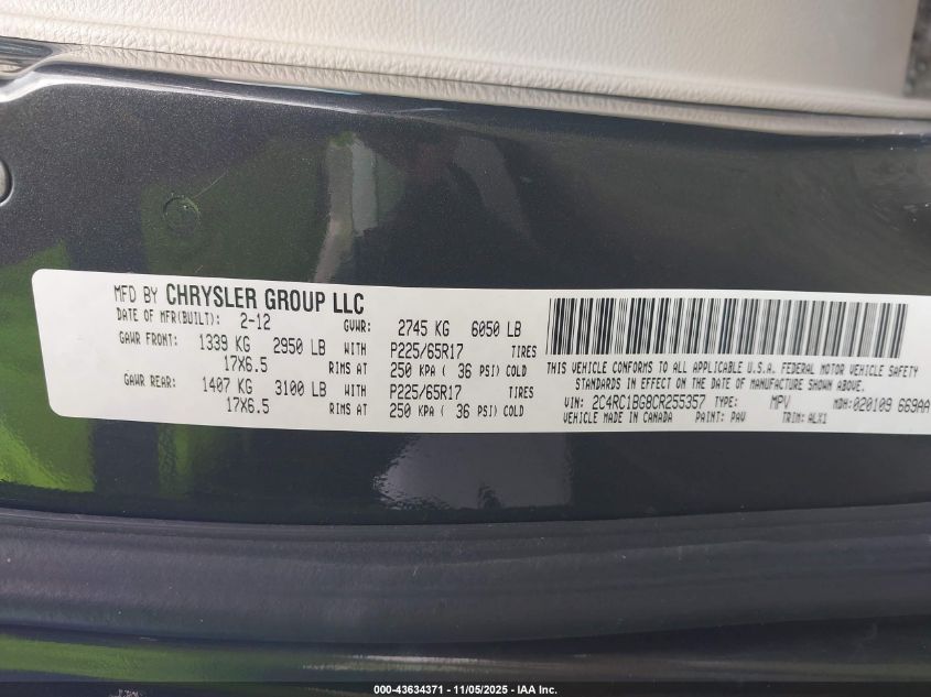 2012 Chrysler Town & Country Touring VIN: 2C4RC1BG8CR255357 Lot: 43634371