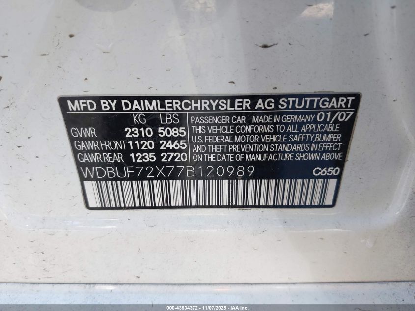 2007 Mercedes-Benz E 550 VIN: WDBUF72X77B120989 Lot: 43634372