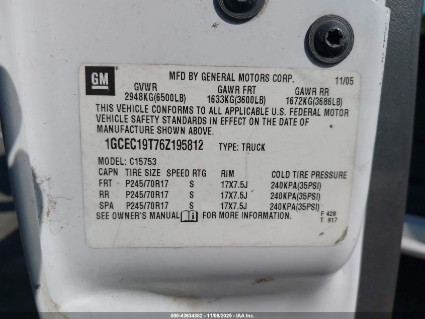 2006 Chevrolet Silverado 1500 Work Truck VIN: 1GCEC19T76Z195812 Lot: 43634382