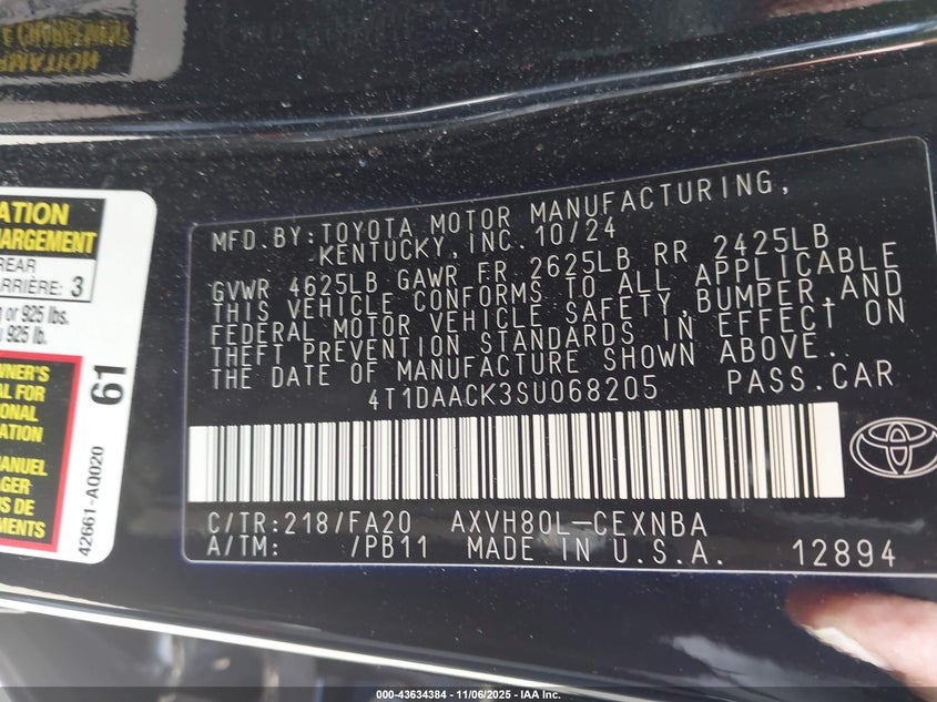 2025 TOYOTA CAMRY LE 4T1DAACK3SU068205