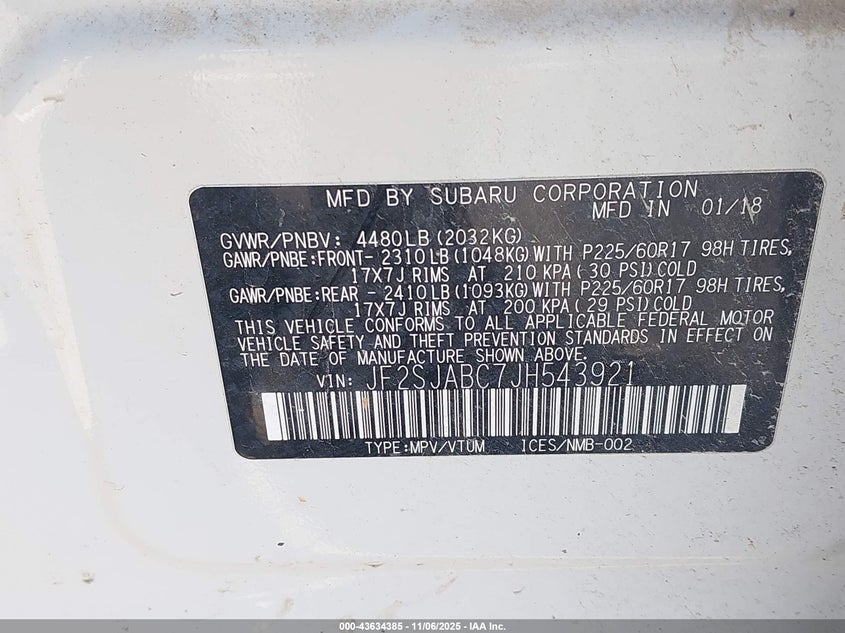 2018 SUBARU FORESTER 2.5I - JF2SJABC7JH543921