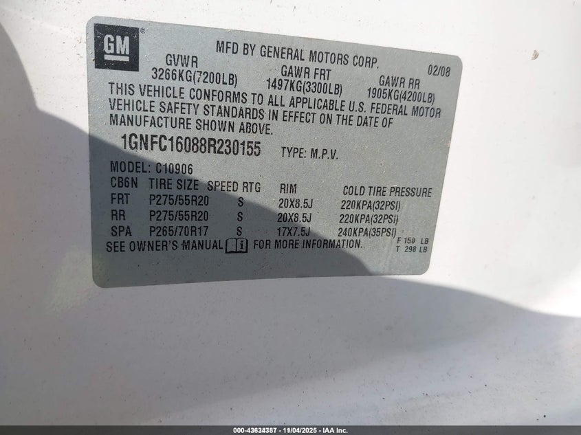 2008 Chevrolet Suburban 1500 Ltz VIN: 1GNFC16088R230155 Lot: 43634387