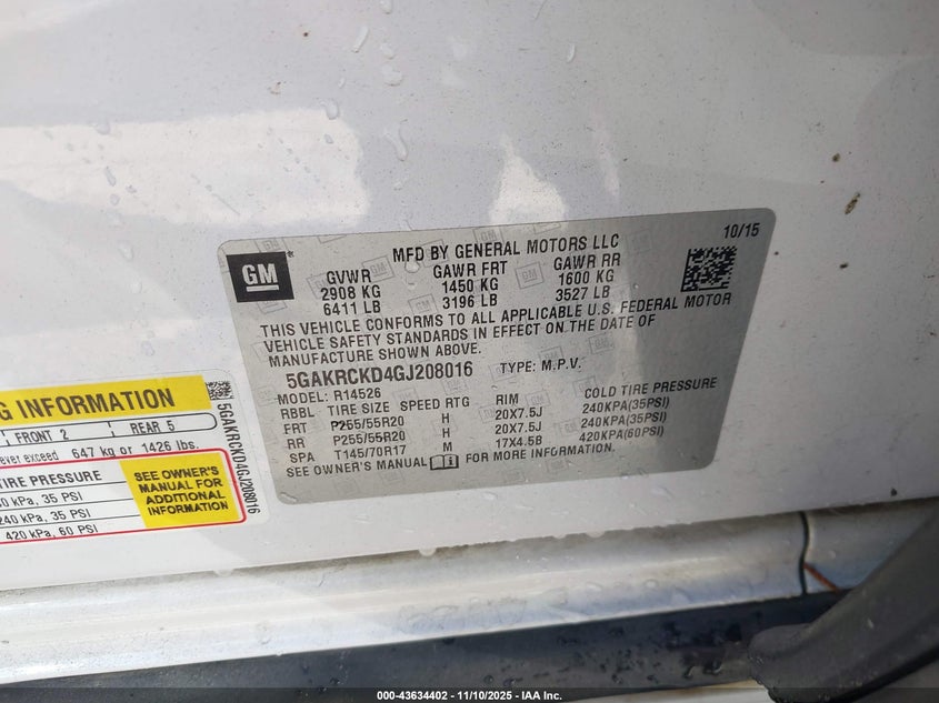 2016 Buick Enclave Premium VIN: 5GAKRCKD4GJ208016 Lot: 43634402