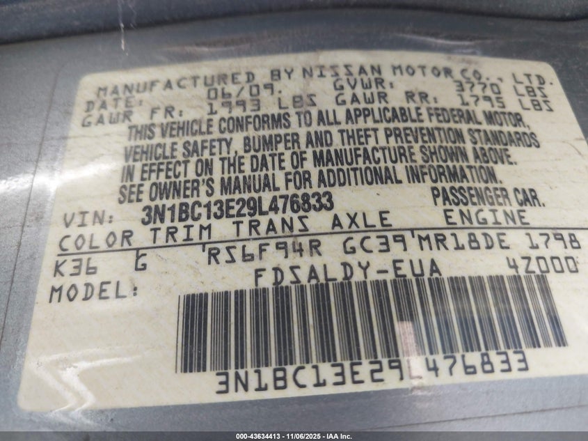 2009 Nissan Versa 1.8S VIN: 3N1BC13E29L476833 Lot: 43634413