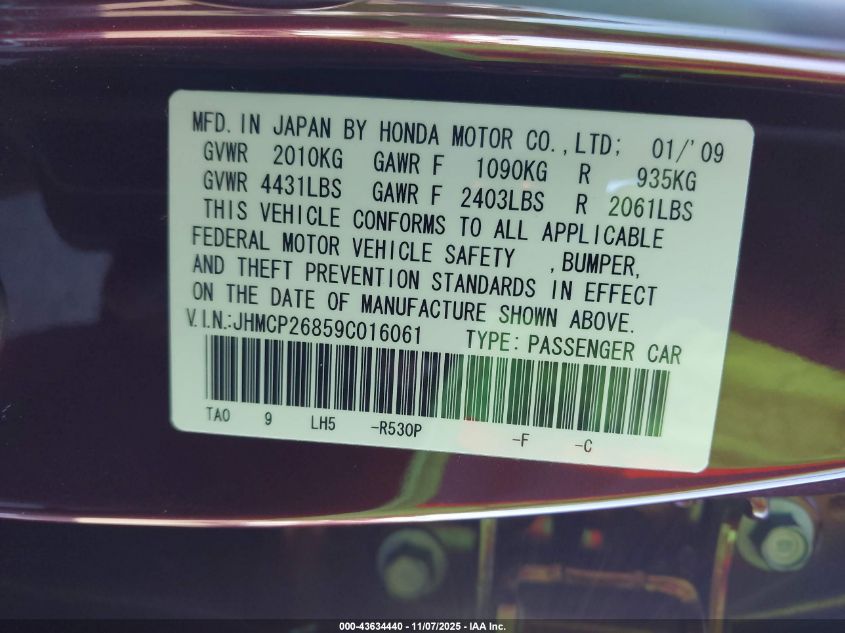 2009 Honda Accord 2.4 Ex-L VIN: JHMCP26859C016061 Lot: 43634440