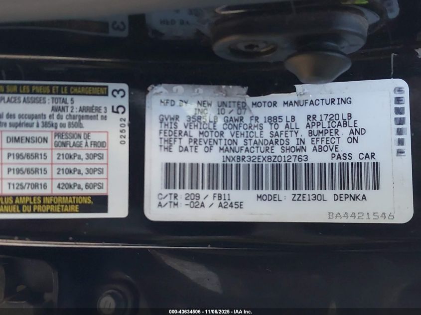 2008 Toyota Corolla Le VIN: 1NXBR32EX8Z012763 Lot: 43634506