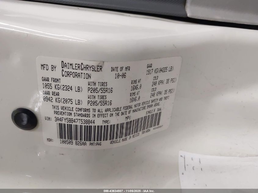 2007 Chrysler Pt Cruiser Touring VIN: 3A4FY58B47T538844 Lot: 43634507