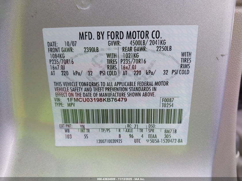 1FMCU03198KB76479 2008 FORD ESCAPE photo no. 9