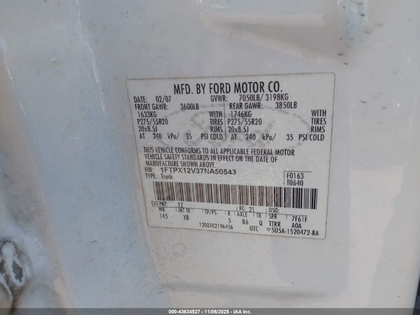 2007 Ford F-150 Lariat/Stx/Xl/Xlt VIN: 1FTPX12V37NA50543 Lot: 43634527