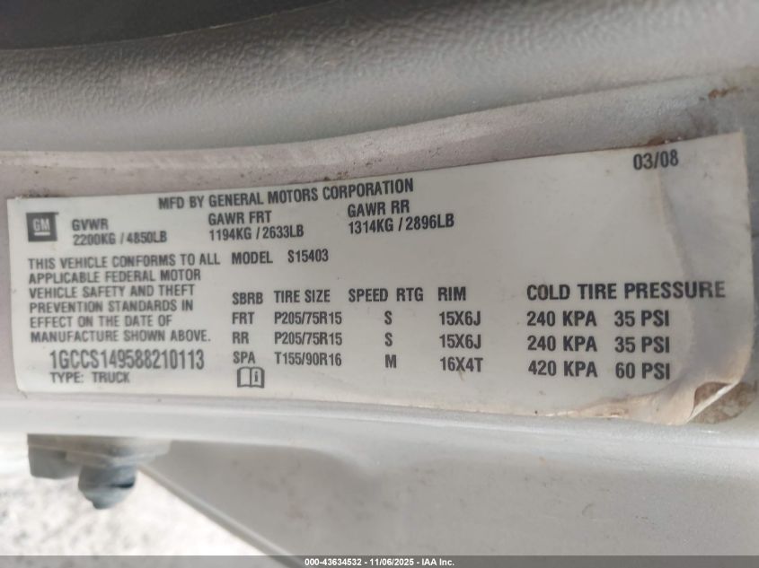 2008 Chevrolet Colorado Work Truck VIN: 1GCCS149588210113 Lot: 43634532