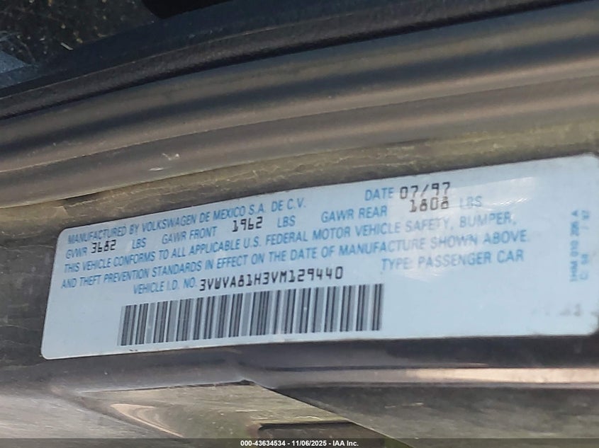 1997 Volkswagen Jetta Gt VIN: 3VWVA81H3VM129440 Lot: 43634534