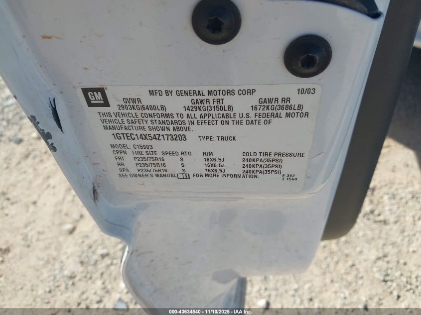2004 GMC Sierra 1500 VIN: 1GTEC14X54Z173203 Lot: 43634540