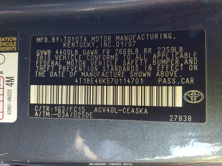 4T1BE46K57U114701 2007 TOYOTA CAMRY photo no. 9