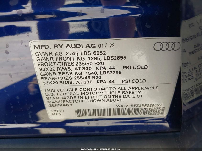 2023 Audi Q4 Sportback E-Tron Premium 50 Quattro VIN: WA122BFZ3PP030559 Lot: 43634549