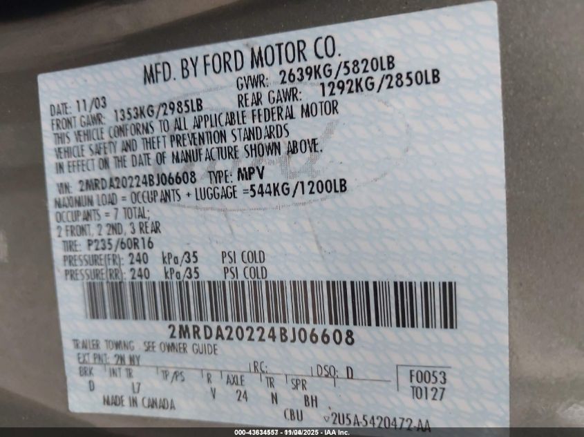 2004 Mercury Monterey VIN: 2MRDA20224BJ06608 Lot: 43634557