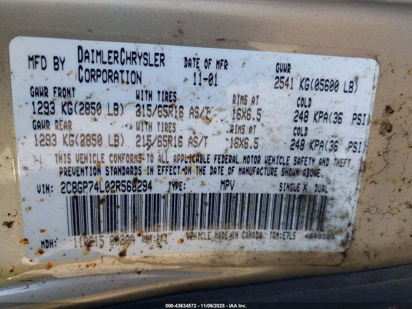 2002 Chrysler Town & Country Ex VIN: 2C8GP74L02R568294 Lot: 43634572