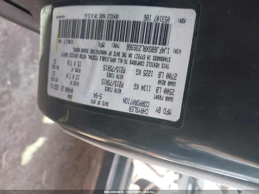 1994 Jeep Cherokee Sport VIN: 1J4FJ68SXRL239366 Lot: 43634576