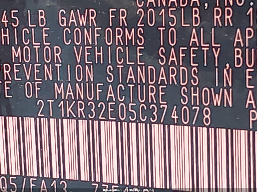 2005 Toyota Matrix VIN: 2T1KR32E05C374078 Lot: 43634579