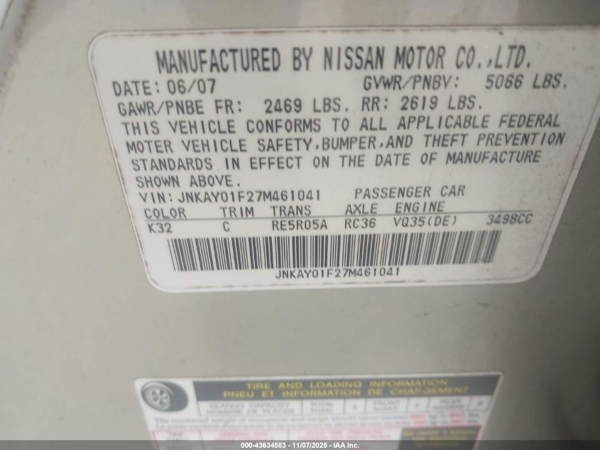 2007 Infiniti M35X VIN: JNKAY01F27M461041 Lot: 43634583