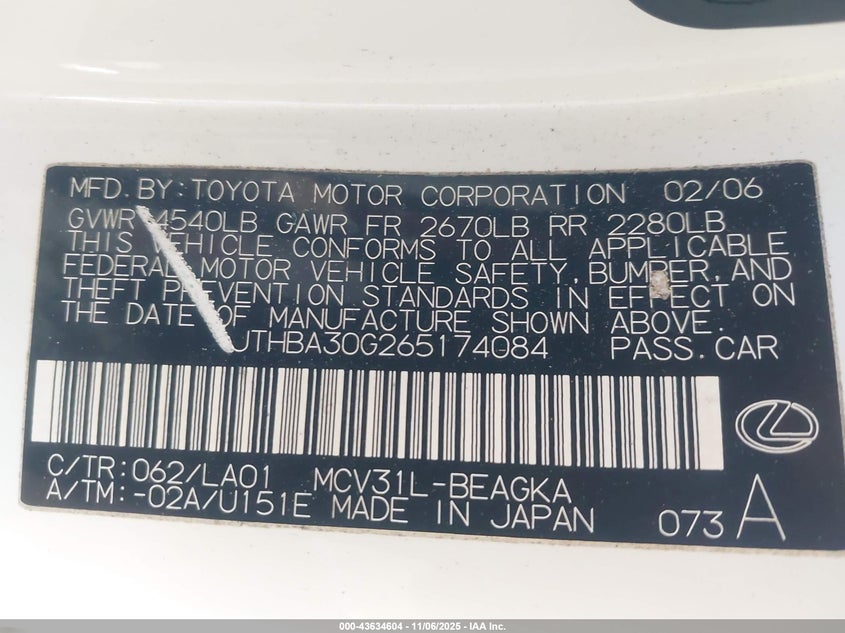 JTHBA30G265174084 2006 LEXUS ES photo no. 9