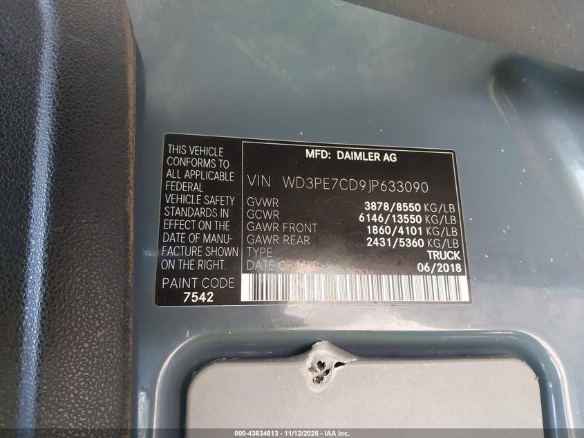 2018 Mercedes-Benz Sprinter 2500 Standard Roof V6 VIN: WD3PE7CD9JP633090 Lot: 43634613