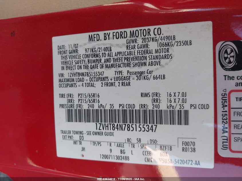 2008 Ford Mustang V6 Deluxe/V6 Premium VIN: 1ZVHT84N785155347 Lot: 43634618