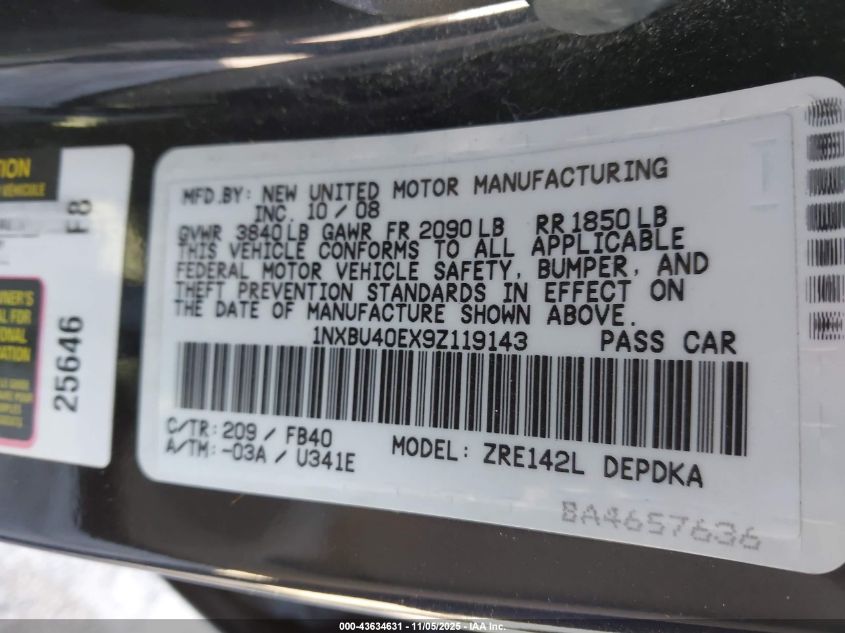 2009 Toyota Corolla Le VIN: 1NXBU40EX9Z119143 Lot: 43634631