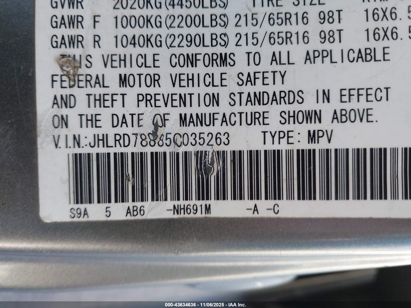 2005 Honda Cr-V Ex VIN: JHLRD78885C035263 Lot: 43634636