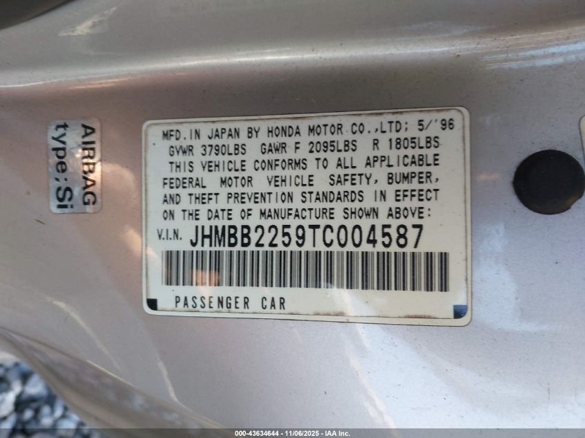 1996 Honda Prelude Si/Sr VIN: JHMBB2259TC004587 Lot: 43634644