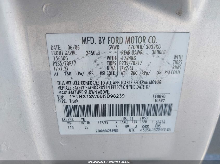 2006 Ford F-150 Stx/Xl/Xlt VIN: 1FTRX12W66KD98239 Lot: 43634645