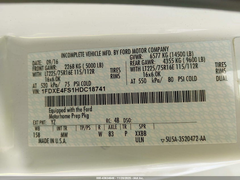 2017 Ford E-450 Cutaway VIN: 1FDXE4FS1HDC18741 Lot: 43634646