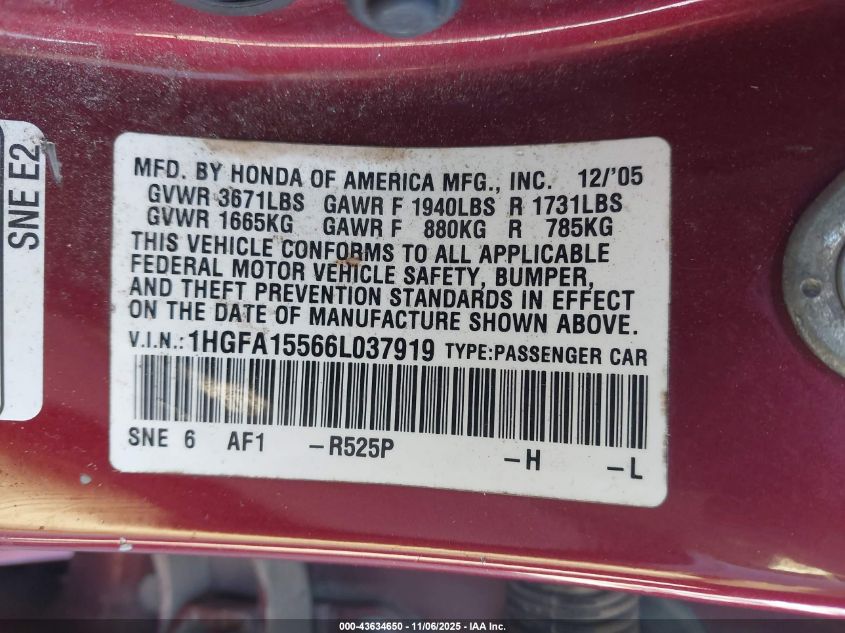 2006 Honda Civic Lx VIN: 1HGFA15566L037919 Lot: 43634650
