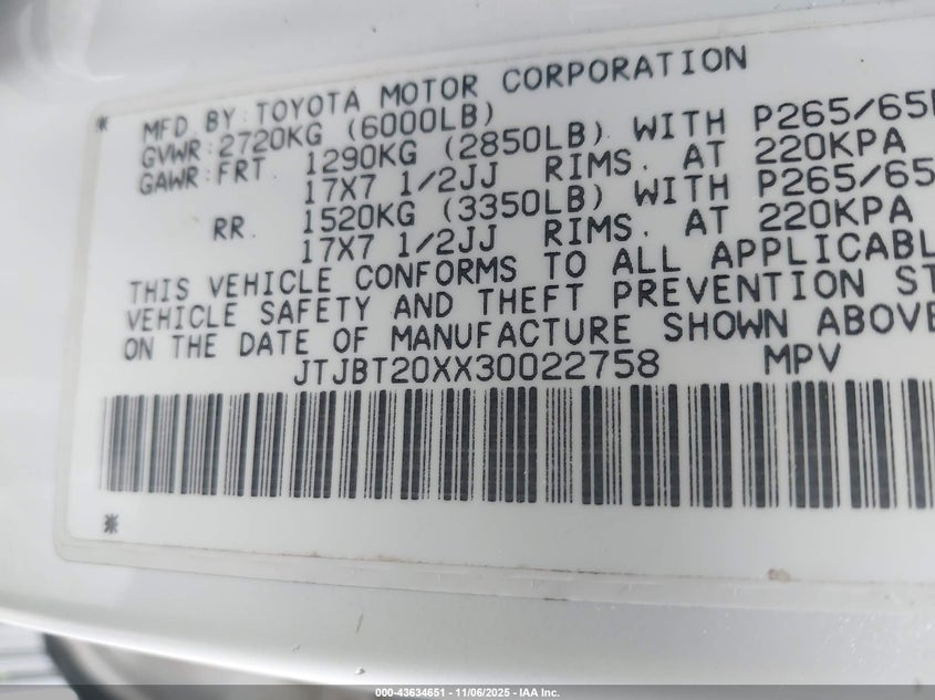 2003 Lexus Gx 470 VIN: JTJBT20XX30022758 Lot: 43634651