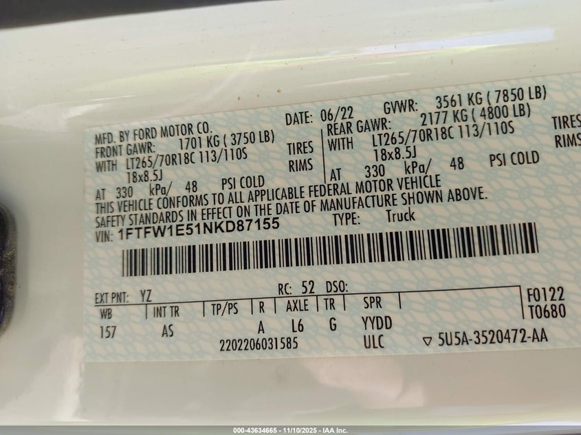 2022 Ford F-150 Xl VIN: 1FTFW1E51NKD87155 Lot: 43634665