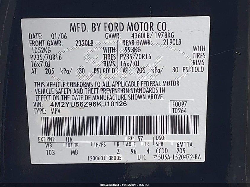 2006 Mercury Mariner Convenience VIN: 4M2YU56Z96KJ10126 Lot: 43634684