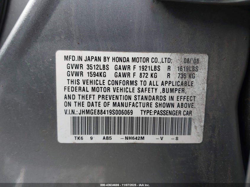 2009 Honda Fit Sport VIN: JHMGE88419S006069 Lot: 43634686