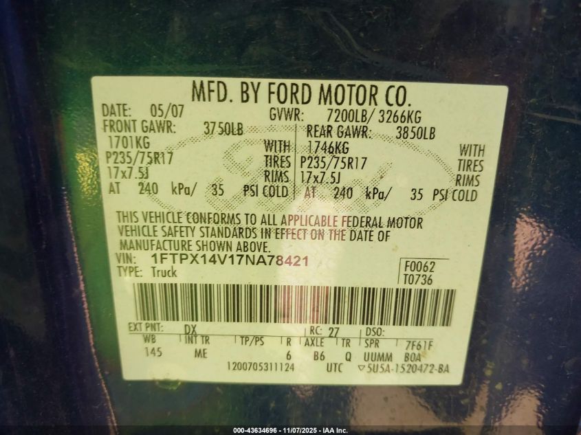 2007 Ford F-150 Fx4/Lariat/Xl/Xlt VIN: 1FTPX14V17NA78421 Lot: 43634696