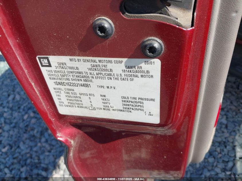 2002 Chevrolet Suburban 1500 Ls VIN: 1GNEC16Z22J144081 Lot: 43634698