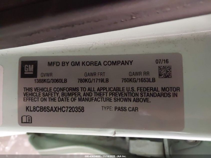 2017 Chevrolet Spark Ls Cvt VIN: KL8CB6SAXHC720358 Lot: 43634699