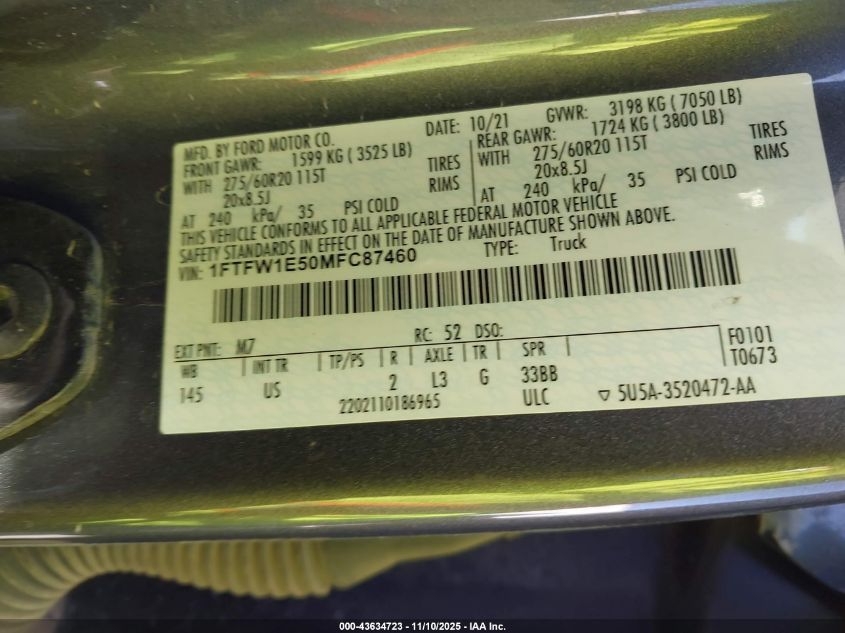 2021 Ford F-150 Xlt VIN: 1FTFW1E50MFC87460 Lot: 43634723