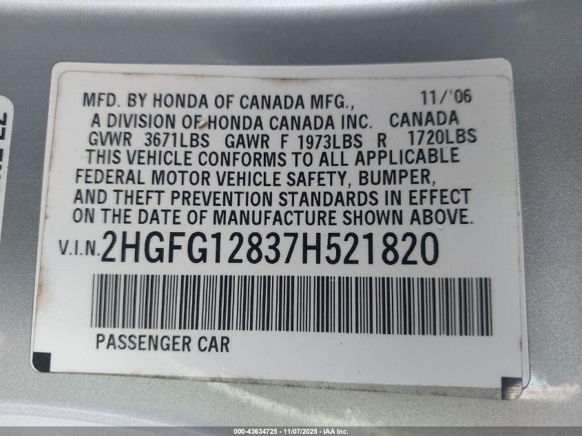 2007 Honda Civic Ex VIN: 2HGFG12837H521820 Lot: 43634725