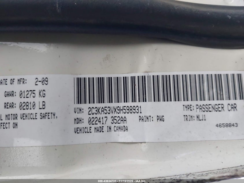 2009 Chrysler 300 Touring/Signature Series/Executive Series VIN: 2C3KA53VX9H598931 Lot: 43634731