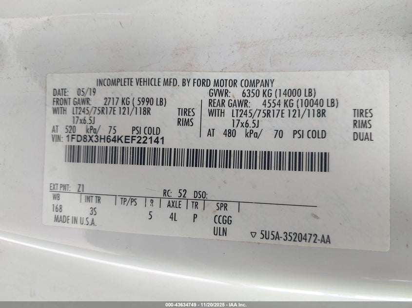 2019 Ford F-350 Chassis Xlt VIN: 1FD8X3H64KEF22141 Lot: 43634749