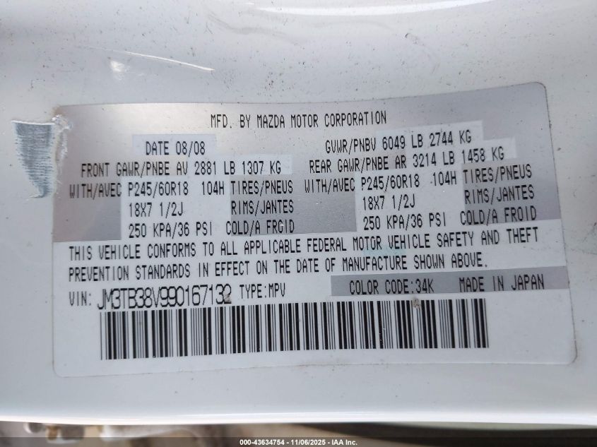 2009 Mazda Cx-9 Touring VIN: JM3TB38V990167132 Lot: 43634754