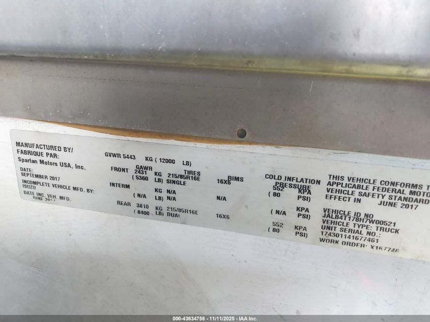 2017 Isuzu Reach VIN: JALB4T178H7W00521 Lot: 43634756