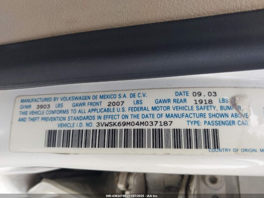 2004 Volkswagen Jetta Gls 2.0L VIN: 3VWSK69M04M037187 Lot: 43634758