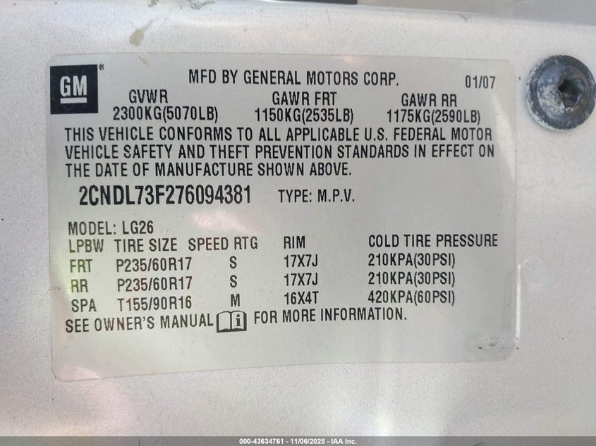2007 Chevrolet Equinox Lt VIN: 2CNDL73F276094381 Lot: 43634761