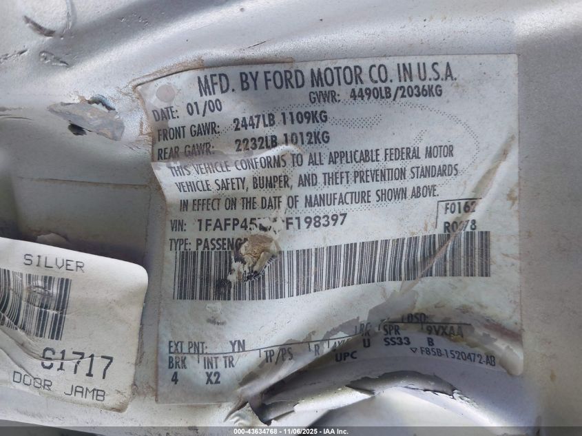 2000 Ford Mustang Gt VIN: 1FAFP45X7YF198397 Lot: 43634768