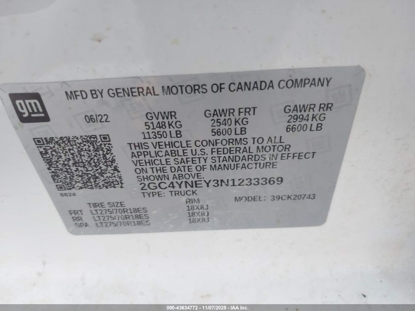 2022 Chevrolet Silverado 2500Hd 4Wd Standard Bed Lt VIN: 2GC4YNEY3N1233369 Lot: 43634772