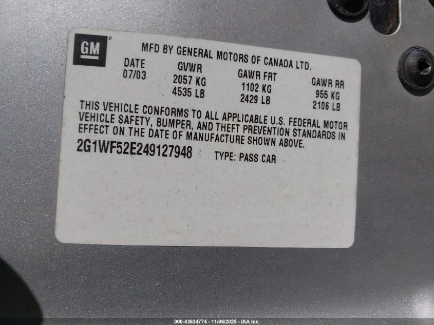 2004 Chevrolet Impala VIN: 2G1WF52E249127948 Lot: 43634774